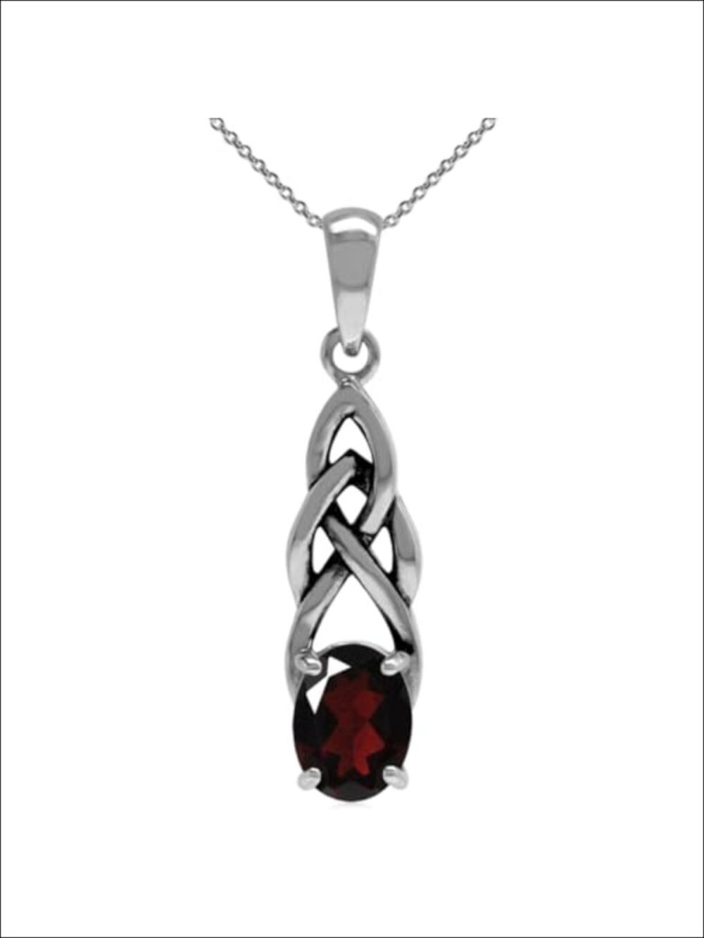 Genuine Red Garnet Oval Celtic Knot Sterling Silver Solitaire Pendant Necklace